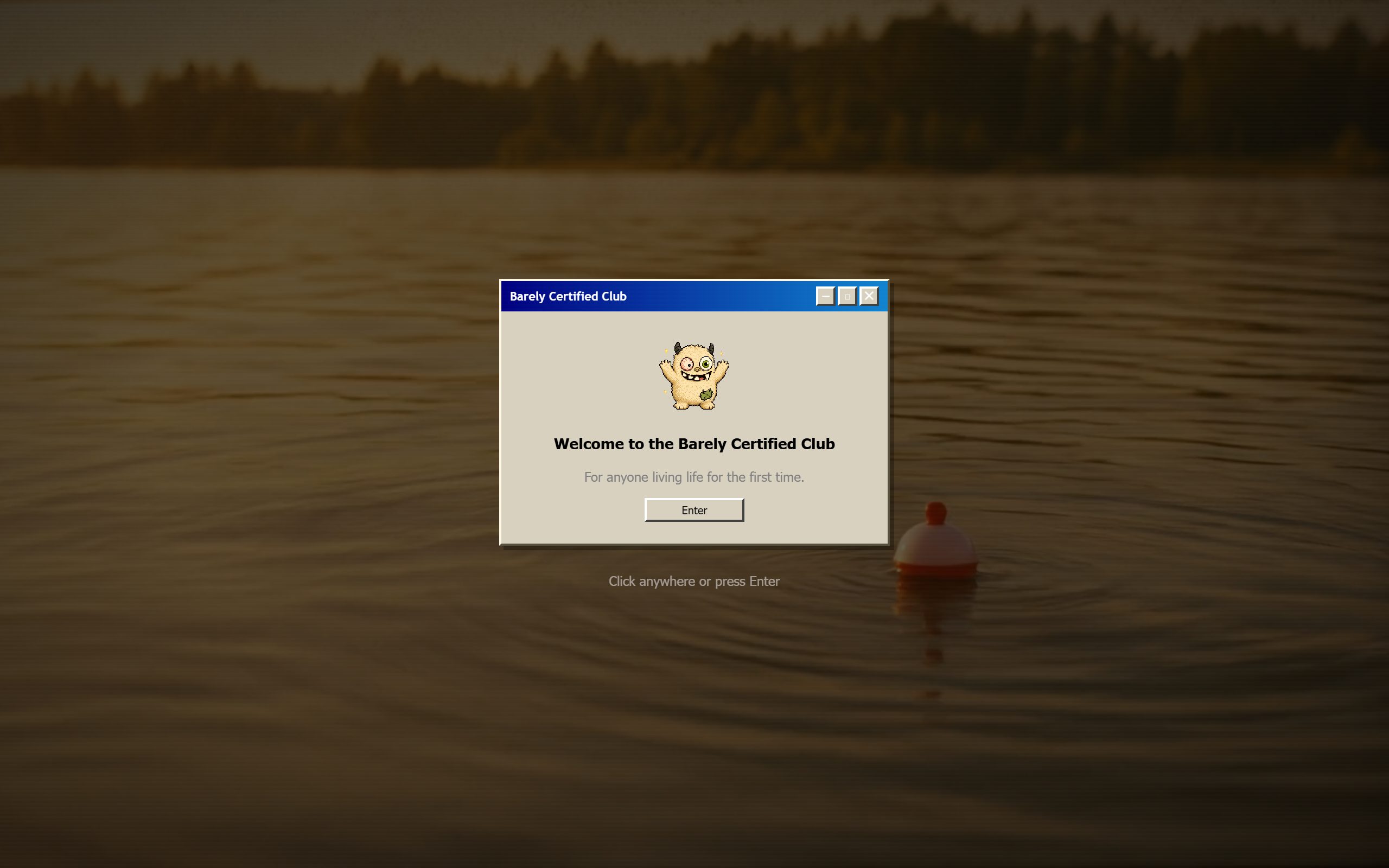 Barely Certified Club welcome screen